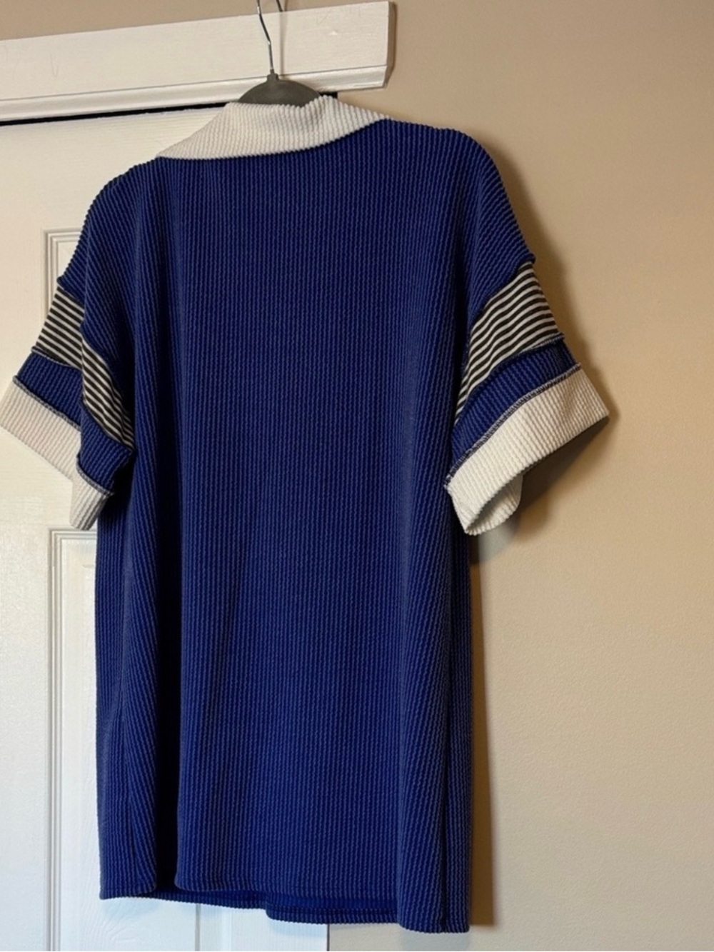 HEIMISH USA Blue Knit V-neck Sweater with White Collar and Blue Stripes 1X - Picture 2 of 9